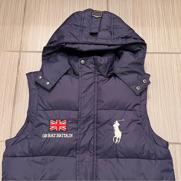 Rare Polo Ralph Lauren Vest puffy puff Great Britain UK small logo navy hood - Picture 3 of 8